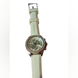 Fossil Chronograph White Rubber 100M Ladies Water Resistant Case Watch EUC